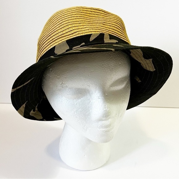 Straw Fedora Hat with Camo Brim Band Men Women Unisex Spring Summer Vacation - Picture 1 of 8